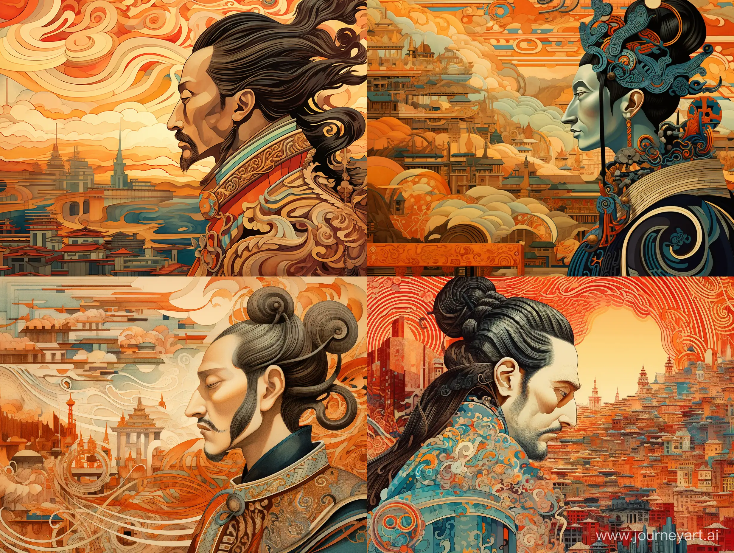 Qin Shi Huangdi, First Emperor of China, in profile, central portrait, ancient civilization, against the background of the pattern of the ancient city of Luoyang, fabulous illustration, stylized caricature, Victo Ngai, watercolor, decorative, flat drawing.