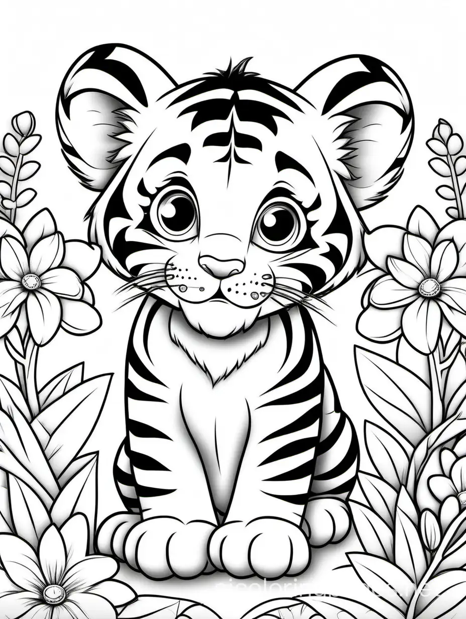 baby tiger with flowers, Coloring Page, black and white, line art, white background, Simplicity, Ample White Space. The background of the coloring page is plain white to make it easy for young children to color within the lines. The outlines of all the subjects are easy to distinguish, making it simple for kids to color without too much difficulty