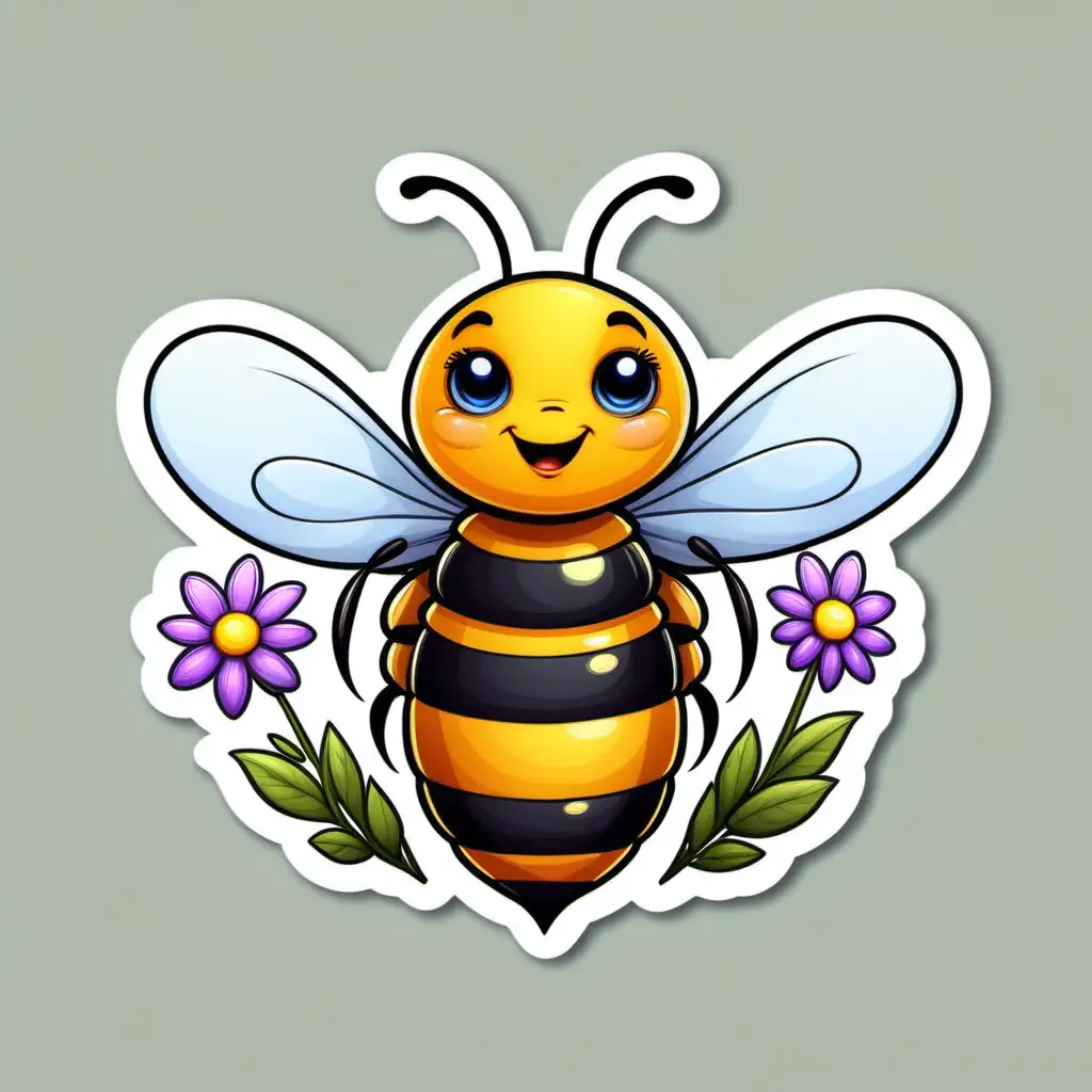 illustration, CUTE FUNNY CARTOON BEE with flowers,STICKER