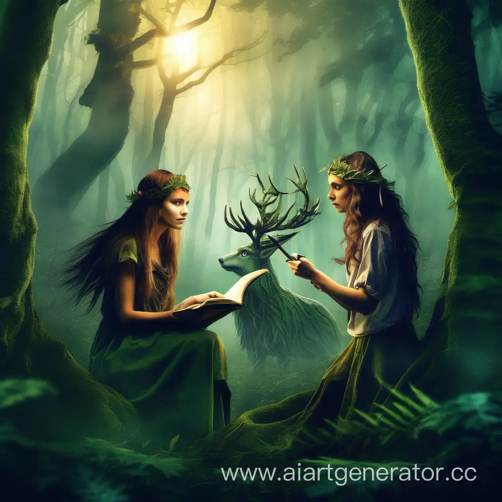 сделать обложку книги В ПОГОНЕ ЗА МИФАМИ , В мистическом лесу молодая девушка писательница и юный леший женского пола