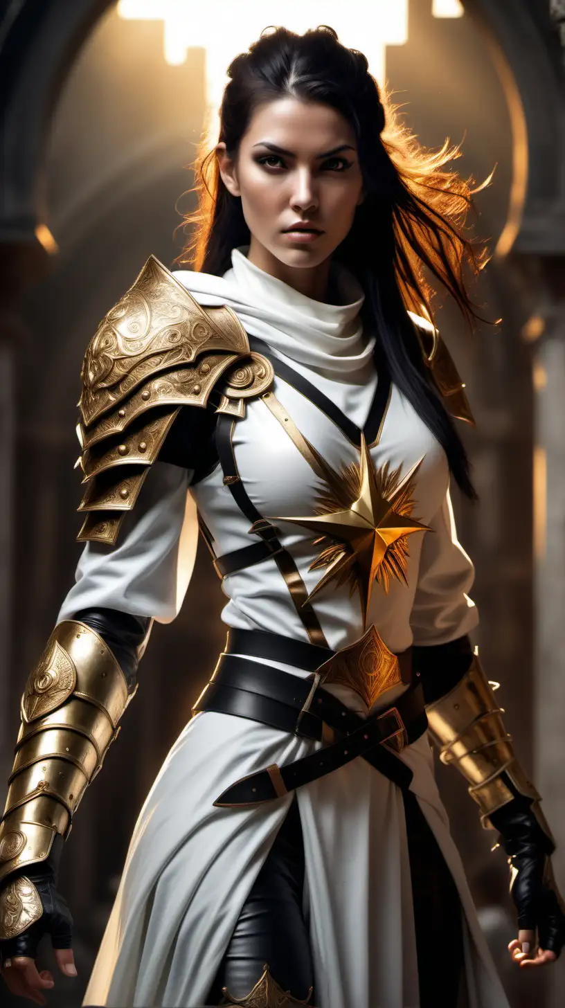(cinematic lighting), Photo realistic beautiful young tall, muscular, black long hair in a bun, female templar, white heavily armored robe with a golden sun emblem leather pantalons, full body, in fighting stance, With an alluring gaze and an air of otherworldly grace, she embodies the enchantment and rebellious spirit of this magical-infused realm, full body photo, angle from below, intricate details, detailed face, detailed eyes, hyper realistic photography,--v 