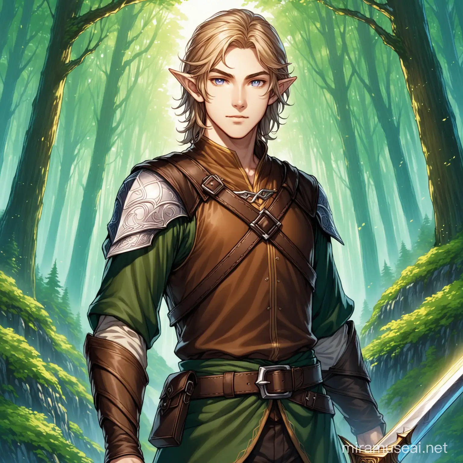 half elven male, he has light brown hair, his hair is short and windblown, his eyes are indigo, he wears dark brown leather hunter's clothes, he wields excalibur, he is on a forest mountain.