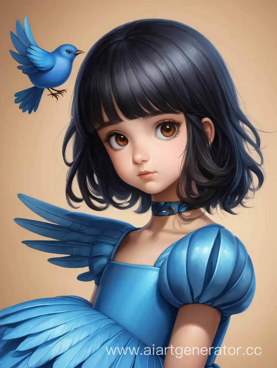 Девушка в  костюме голубой птички,с черными волосами и карими глазами 