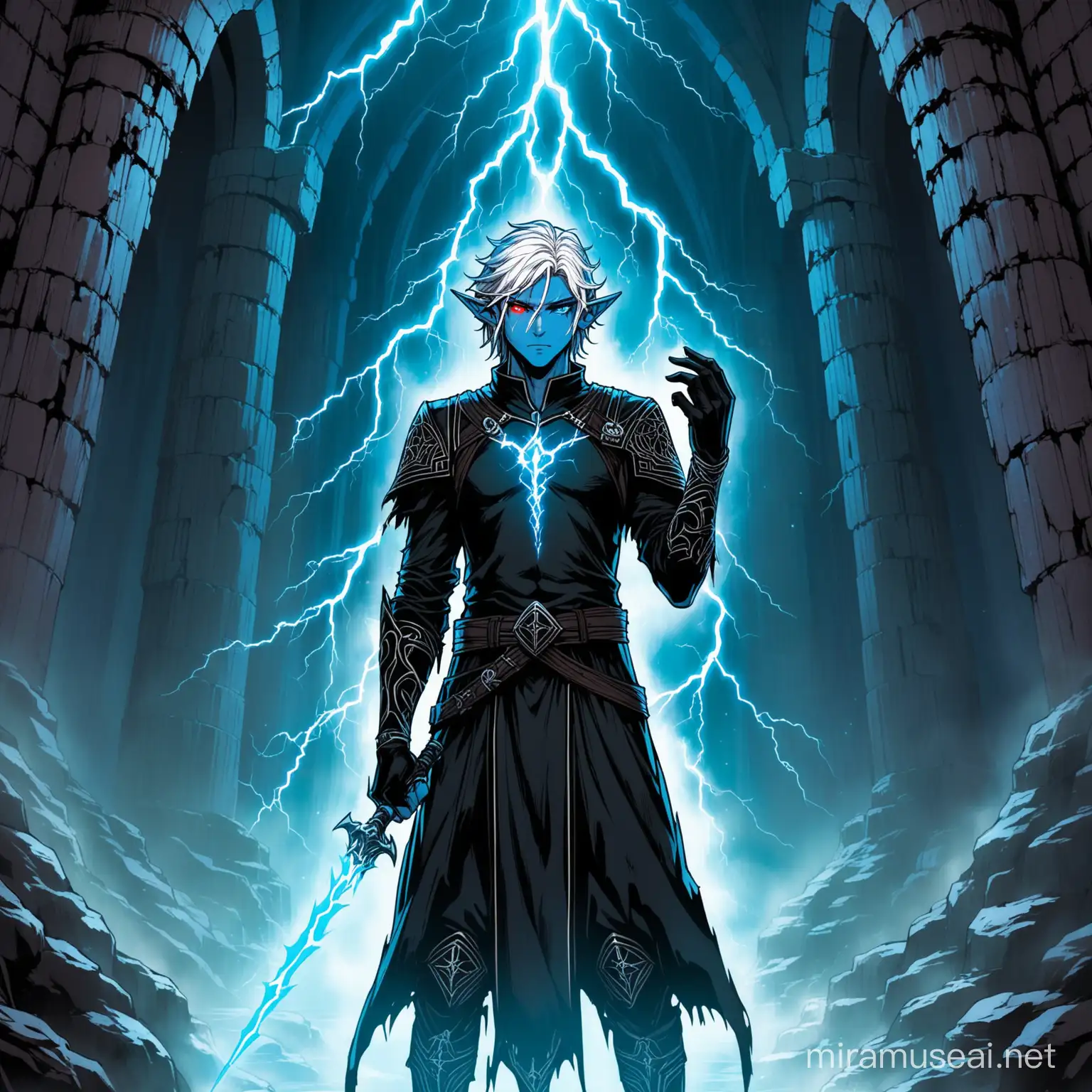 a blue skinned male elf, he has a black tattoo of thorns on the left side of his face, his hair is white, and the roots of his hair is black, his hair is short and wild, he has heterochromia, his left eye is neon red, his right eye is hazel, he wears black clothes like a sith from star wars, and he has an aura of lightning, the lightning is red, and he is standing in an ancient castle ruin, he has black gloves, he controls the lightning with his right hand.