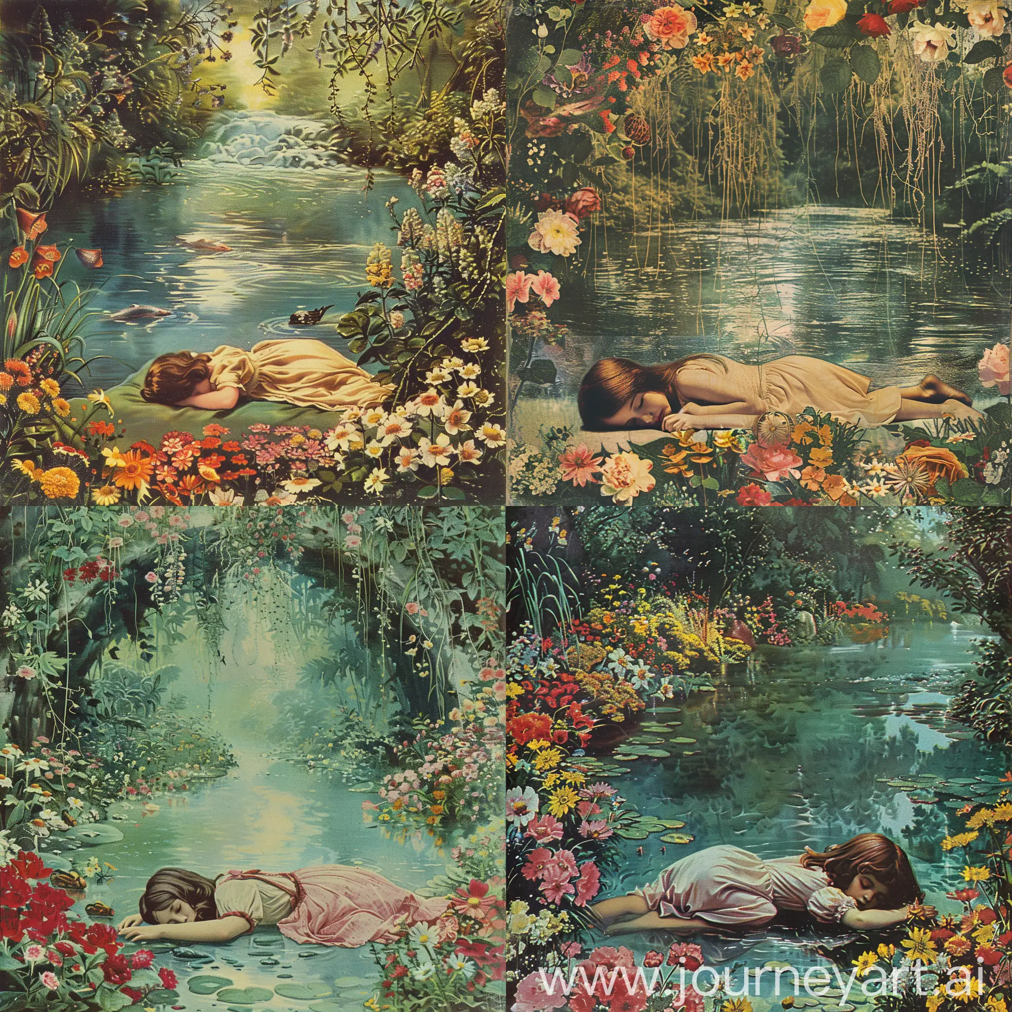 A girl sleeping under the river which is full of flowers and garden vintage