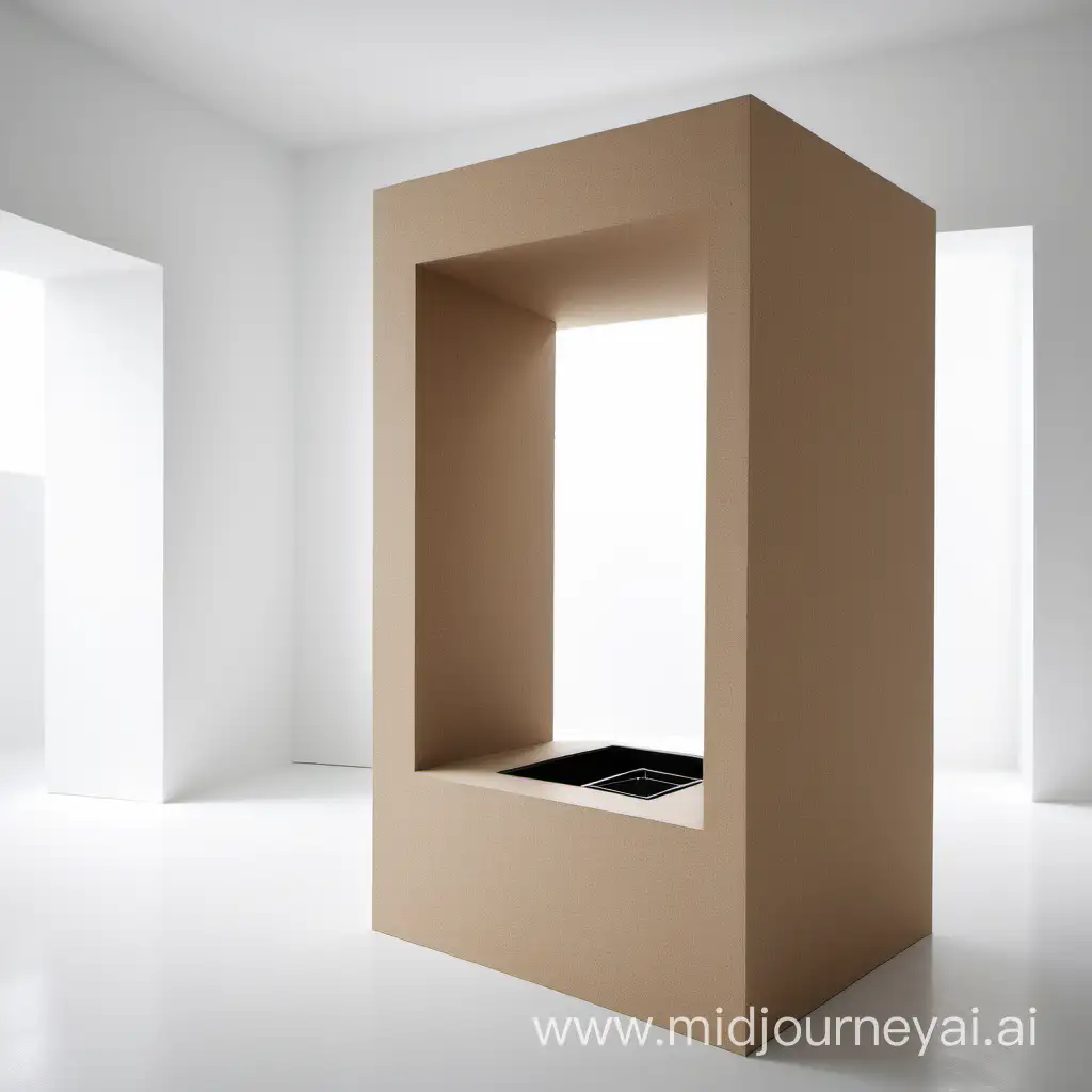 Create a picture of a freestanding object in a white room, The object is a tall geometric monolith, the object is made from raw particle board,
the object has rectangular openings to house a stove and a sink, perspective from above