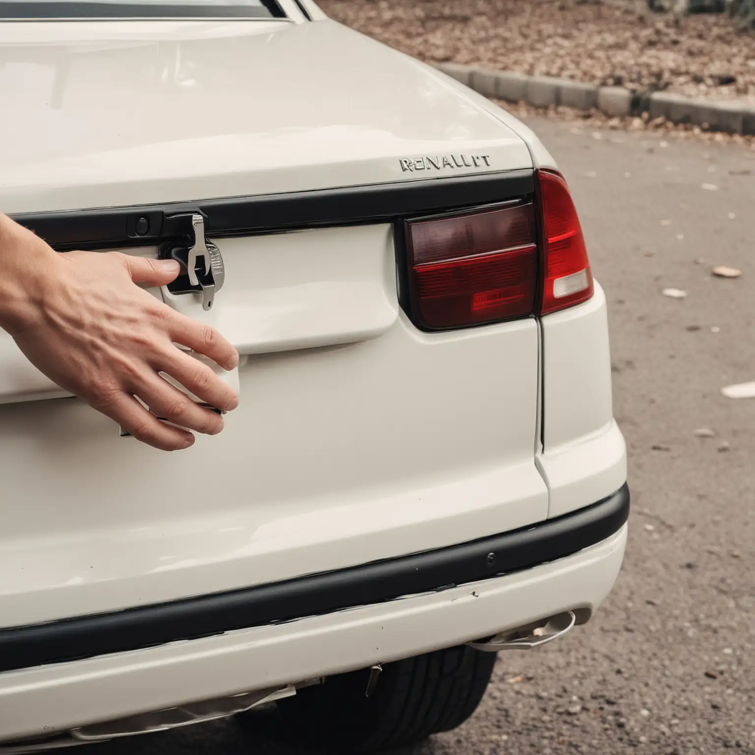 Closeup of White Renault 19 Car Trunk with Hand Trying to Escape