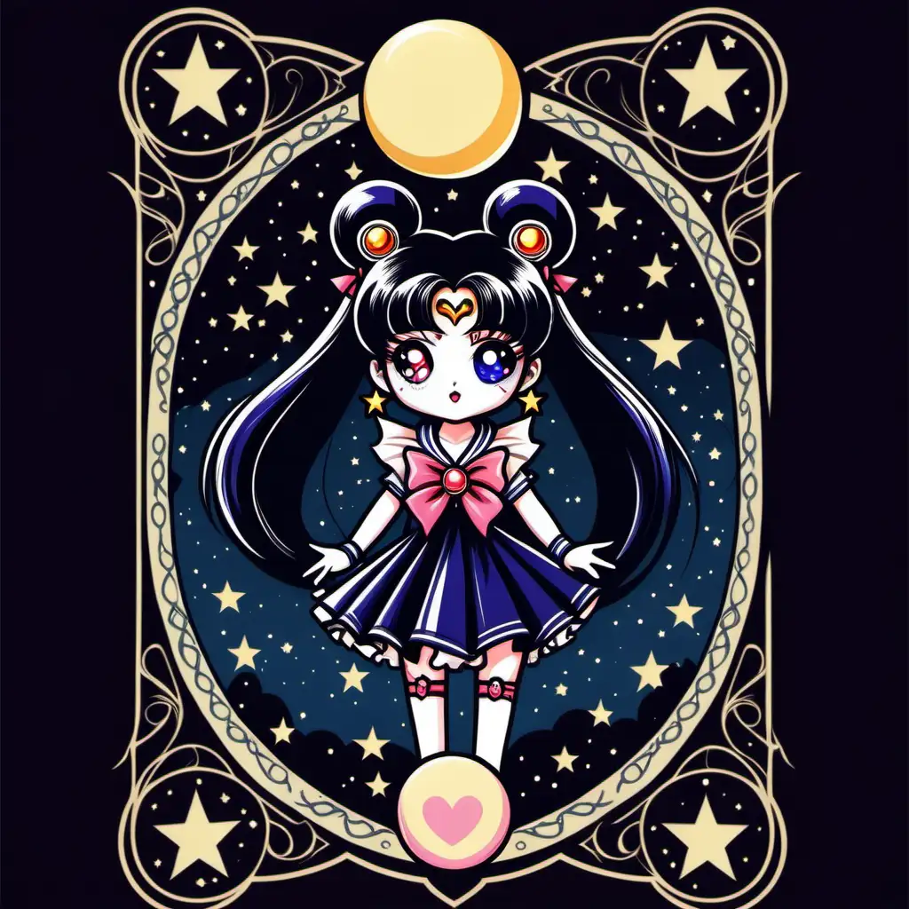 gothic sailor moon vector illustration in the style of Kuromi, sanrio, vintage tarot card