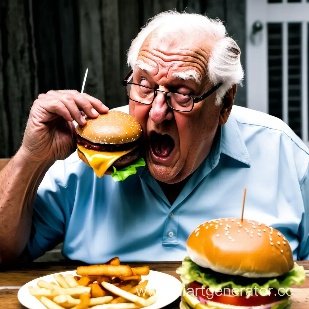 жирный пожилой дед матерясь ест бургер