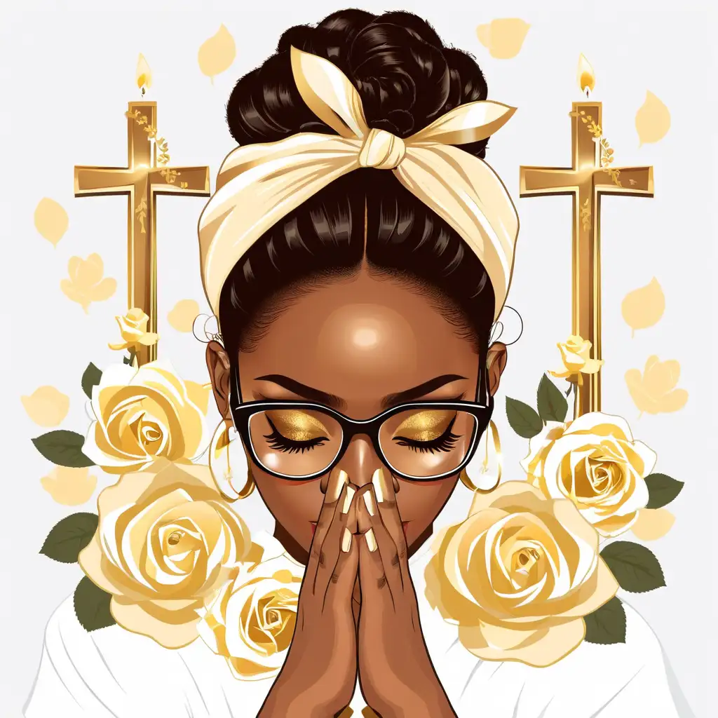 cartoon pancakesA beautiful African American woman with her head tilted down, her hands are together prayer pressed up against her face, wearing a headband and glasses, surrounded by white roses and two golden crosses stacked on top of each other, white background in the style of an illustration for a t shirt vector design
