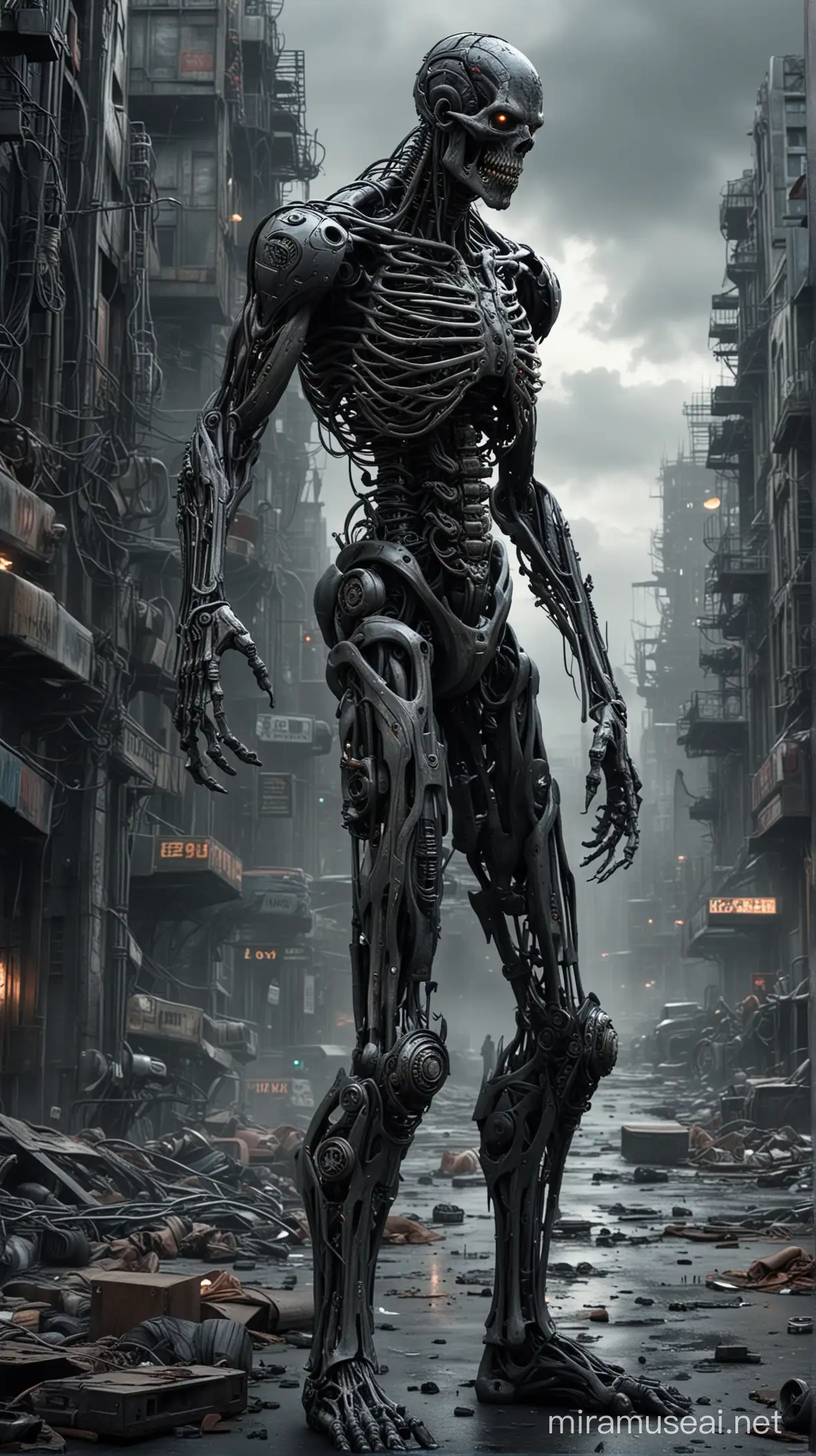 Biomechanical zombie darkness Electronic, Photo realistic,dark apocalypses cityscape backdrop, cinematic, HDR.