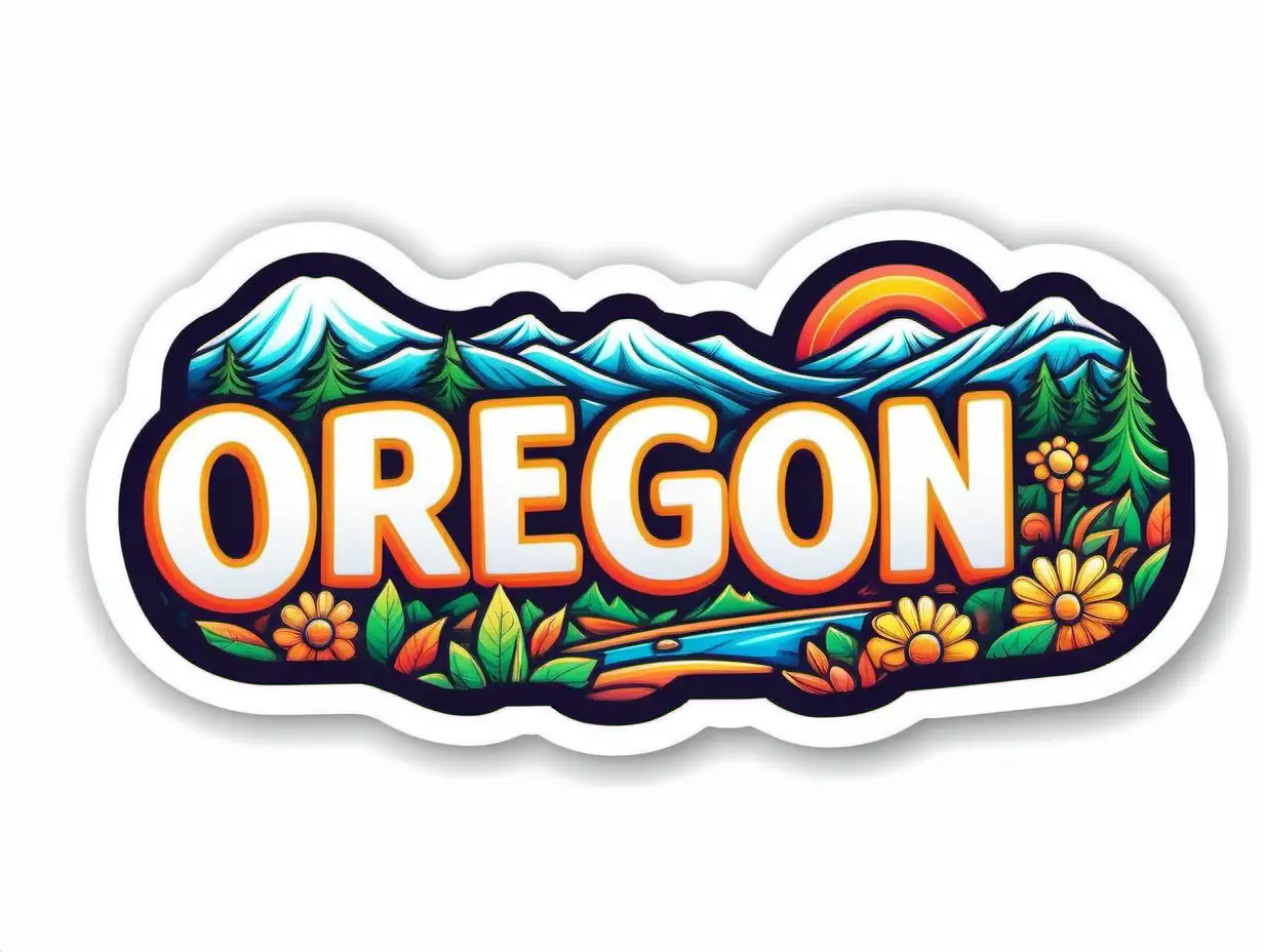 Oregon Name Sticker with Cheerful Bright Colors in Kinetic Art Style