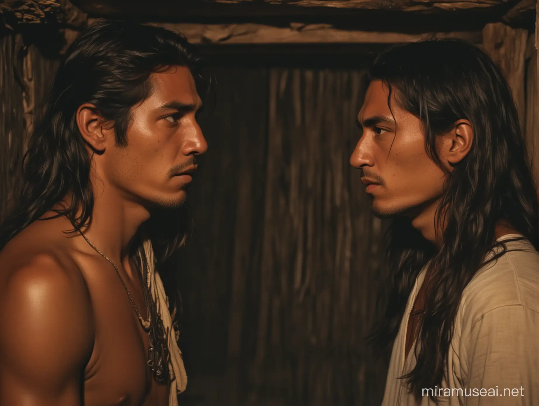 Una hombre maya con cabello largo y rostro serio conversando con su hermano hombre maya dentro de una cabaña por la noche