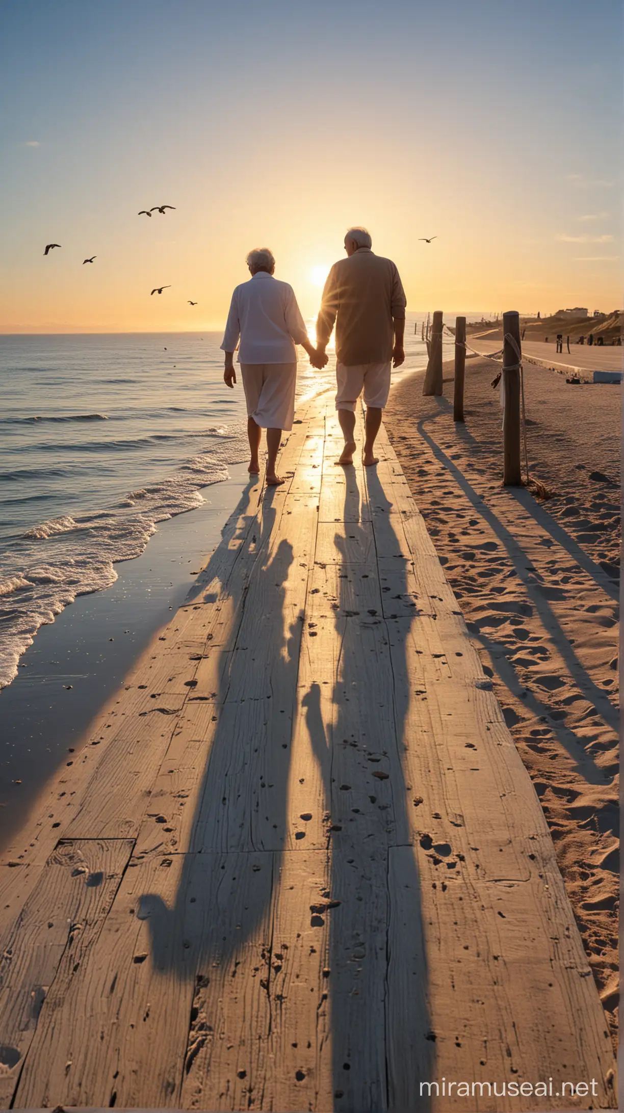  a elderly Italian couple bare feet, walking off together holding hands towards the sunset on a boardwalk on the ocean, clear vivid blue sky with birds, ships in the distance. Warm sunny day. Ultra High Quality, Ultra HD, 8K, Vivid Brushstrokes, real life image