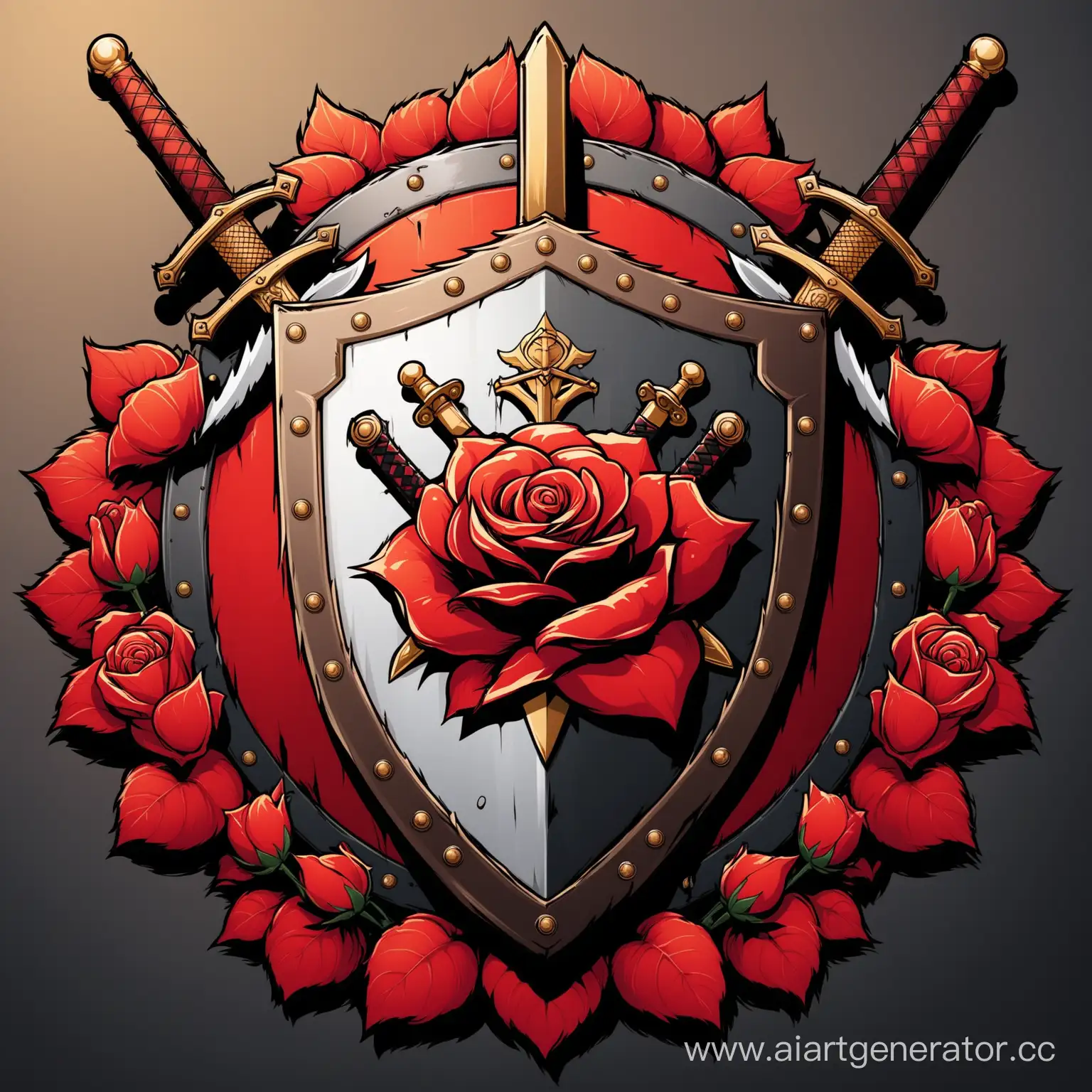 Эмблема розы на щите и 2 мечами
