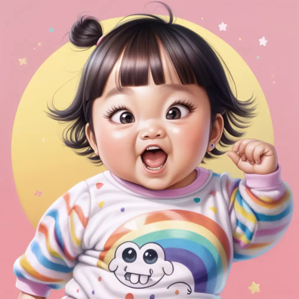 cute chubby Asian baby girl with big eyes and long eye lashes with very short hair and triangle bang , mouth open with 2 small bottom teeth only showing, with 2 big dimples on her cheek, wearing a long sleeves onesie with rainbow prints