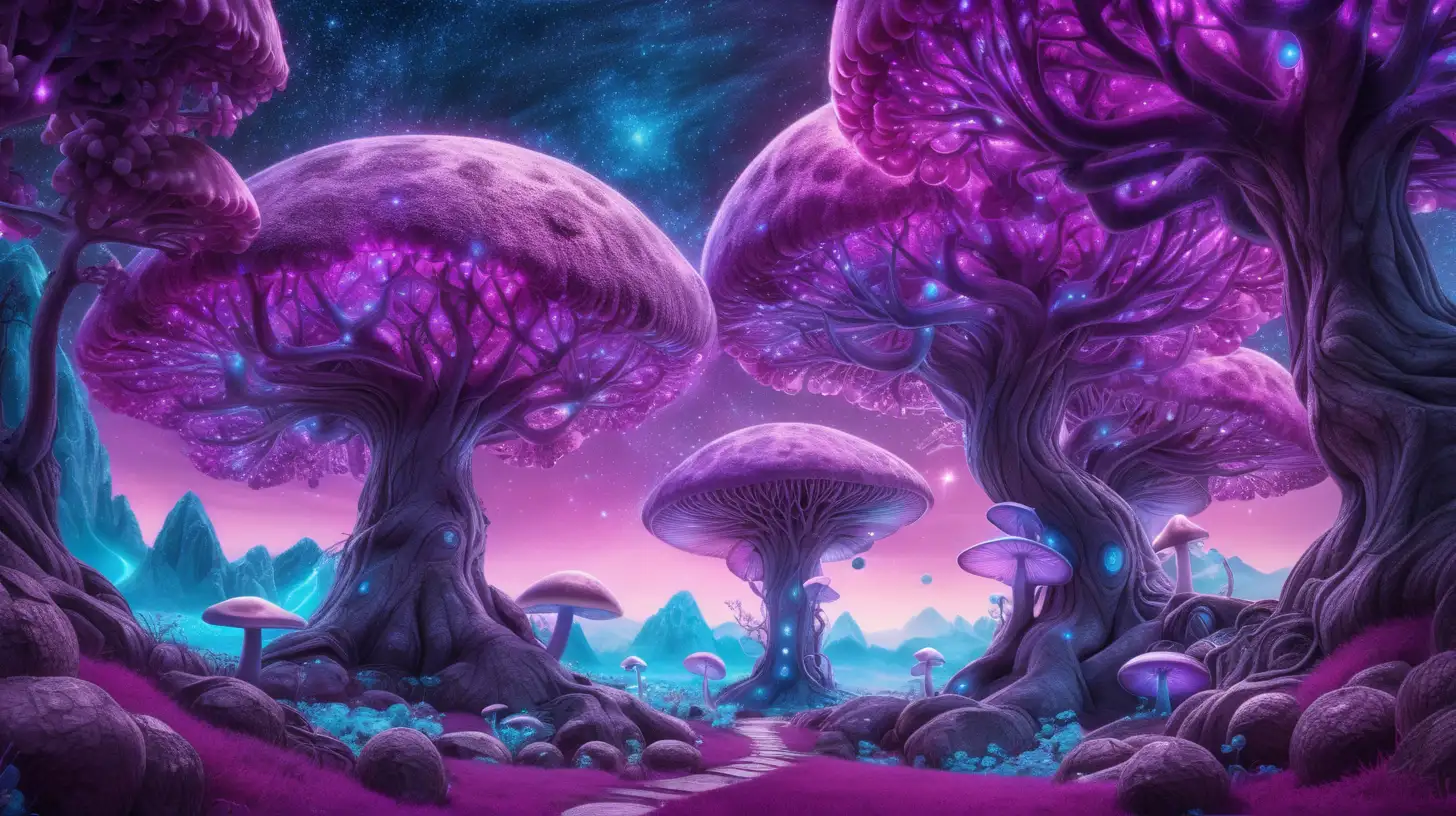 fairytale-magical grape trees -glowing-magenta-pastel purple-sky blue forming a portal that shows outer space astroids and mushrooms