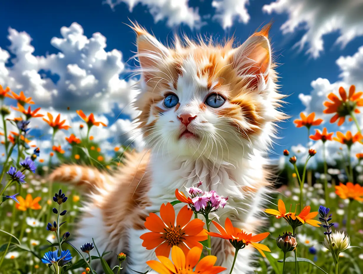 Fluffy Orange and White Kitten in Field of Wildflowers Under Blue Skies