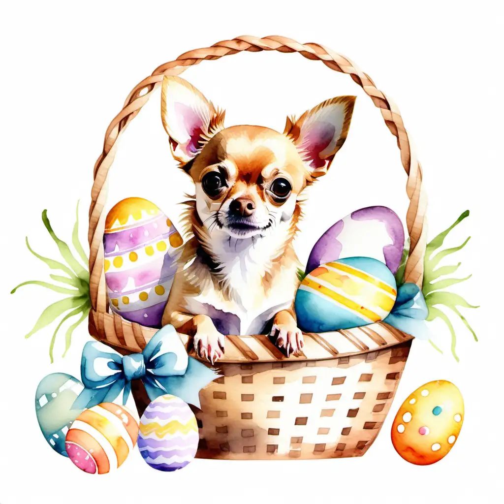 watercolor style, a chihuahua sitting in an easter basket on a white background.