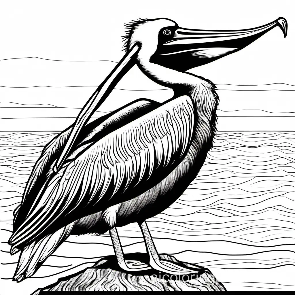 Eastern Brown Pelican, Coloring Page, black and white, line art, white background, Simplicity, Ample White Space. The background of the coloring page is plain white to make it easy for young children to color within the lines. The outlines of all the subjects are easy to distinguish, making it simple for kids to color without too much difficulty