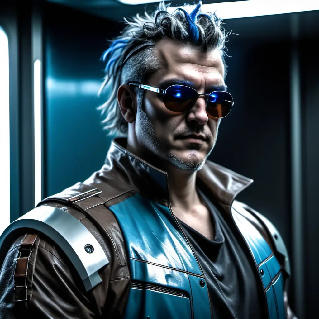 Cyberpunk style pudgy man, relaxed expression, broad shoulders, mid-thirties, disheveled genius hair with bluetips, no goatee, clean shaven, no facial hair, silvered mirroshades, blue tipped brown hair, futuristic gray clothing