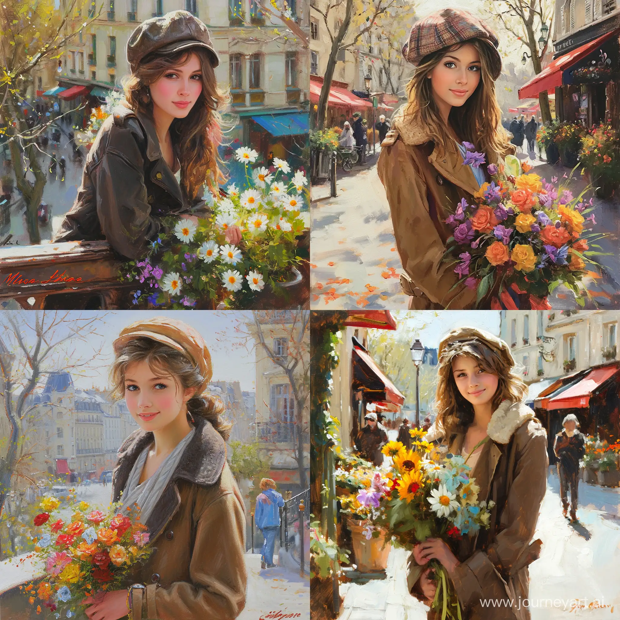 милая девушка, француженка, пальто-берет, цветы, Париж, весна, солнечный день, Монмартр, реализм. v 6