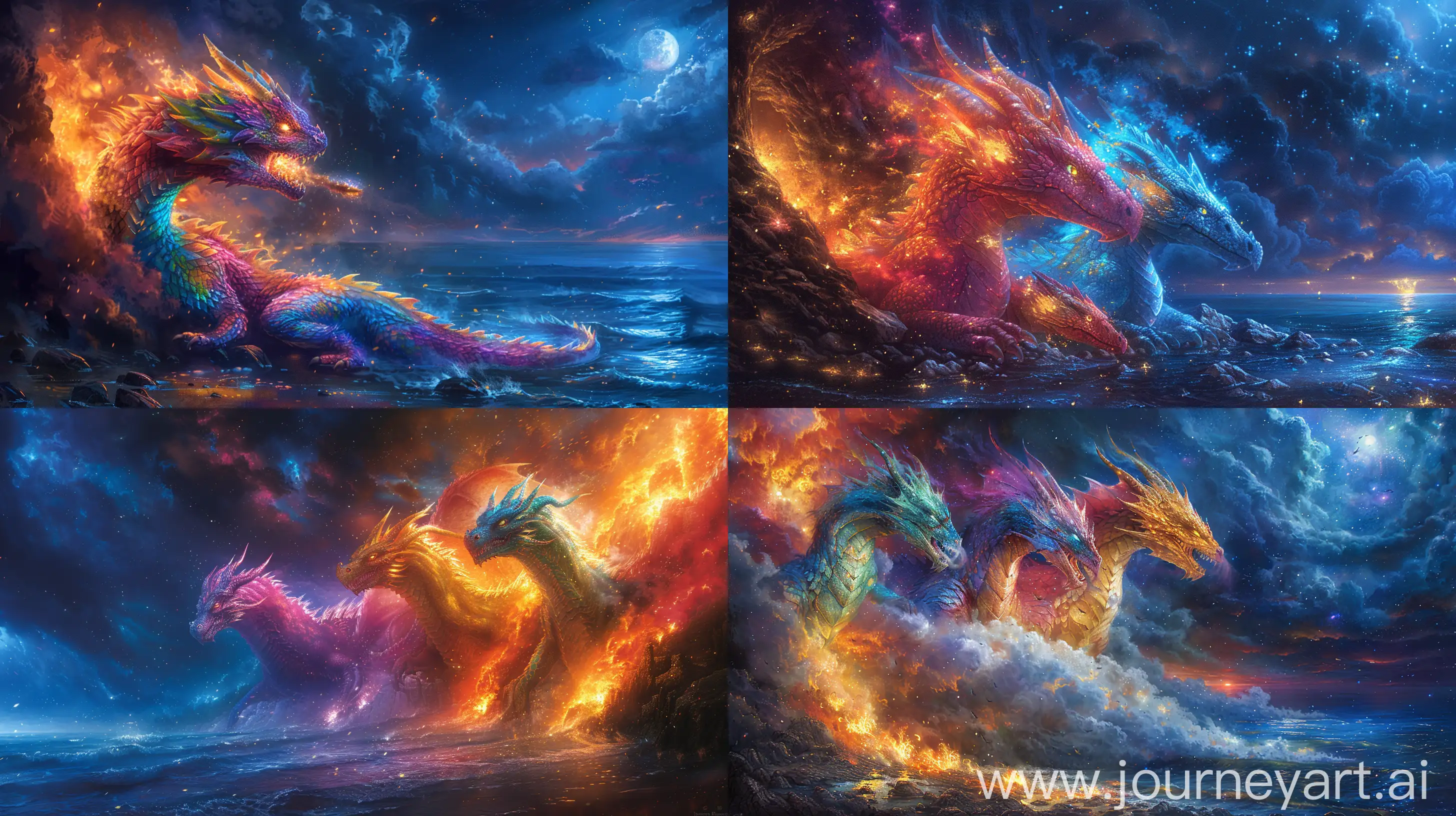 a colorful three-headed dragon coming out of its cave, with fire spewing a lot of smoke, looking at the sea, in a mystical night fear is going around --s 1000 --ar 16:9