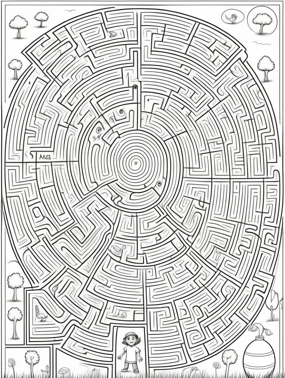 maze page for kids, thick lines, low detail, no shading, black and white