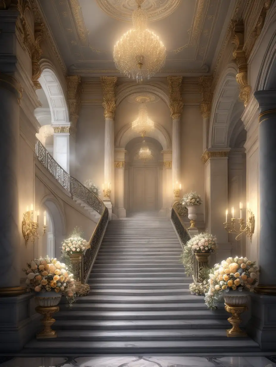 imagine a marble staircase, leading to a hallway with arches, golden accents, floral decor,  outside is a misty dusk. the hallway is empty, there are no people. it is almost night time. flowers on everything. lit by moonlight,  showing a bit more of the floor of the scene. at the bottom of the stairway is a grand ballroom. it is also empty