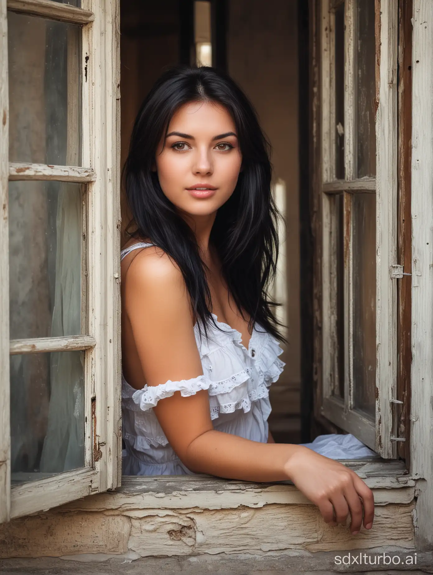 Pretty girl with dark hair inside the old house sitting on the window bottomless