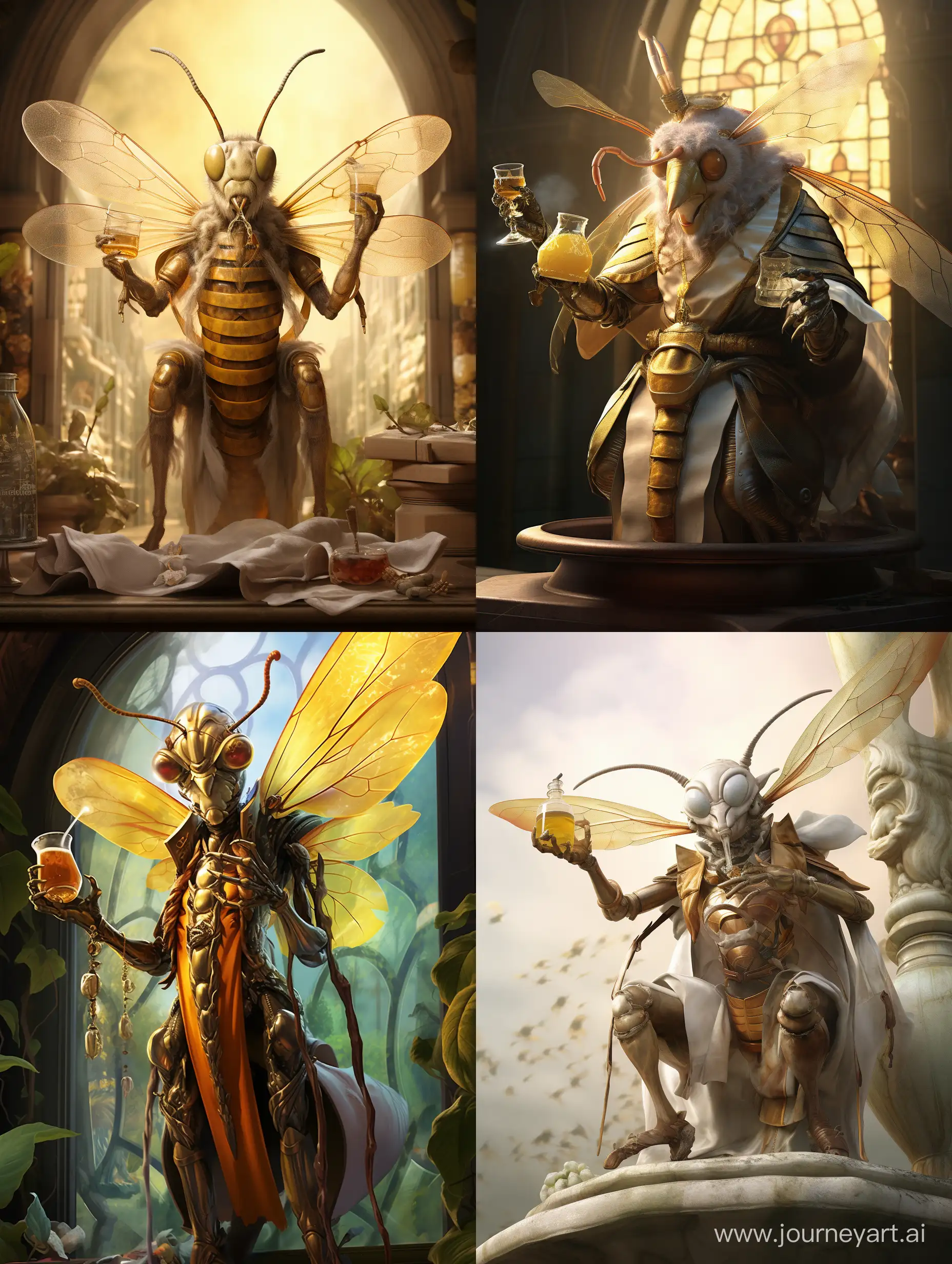 statue of a bee insect holding a bottle of perfume, smooth anime cg art, greg hildebrant, furry character, ad image, picture of a male cleric, gyo fujikawa, thorax, by Kanō Naizen, predatory praying mantis, weta disney, тримає парфум в руках, детально реалістично.