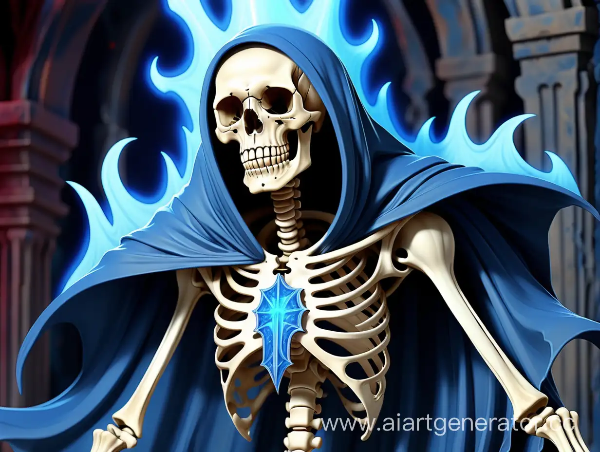 Космический бог скелет в синей мантии с синим клинком в крови