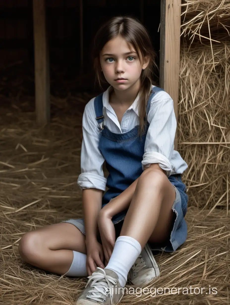 On the old hayloft, covered in dust and dry grass, sits a slender ten-year-old girl. She may be small in stature, but her attractive face catches the eye. Her brown eyes gaze curiously at the surrounding world. The girl's attire is peculiar: a dirt-stained shirt contradicts her clean face, and white underpants seem out of place. Over all this, she wears a tight-fitting, short blue denim skirt, which appears to be a random addition to her wardrobe.Her sneakers, gleaming white mixed with dirt, look worn-out and grimy. Sitting on the hay, the girl concentrates on tying the laces of her filthy sneakers, giving this task her full attention, 8K UHD, full body in image