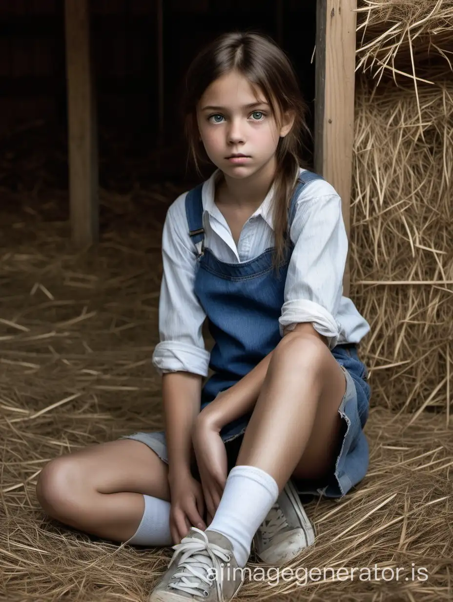 Curious-TenYearOld-Girl-Tying-Filthy-Sneakers-in-Dusty-Hayloft