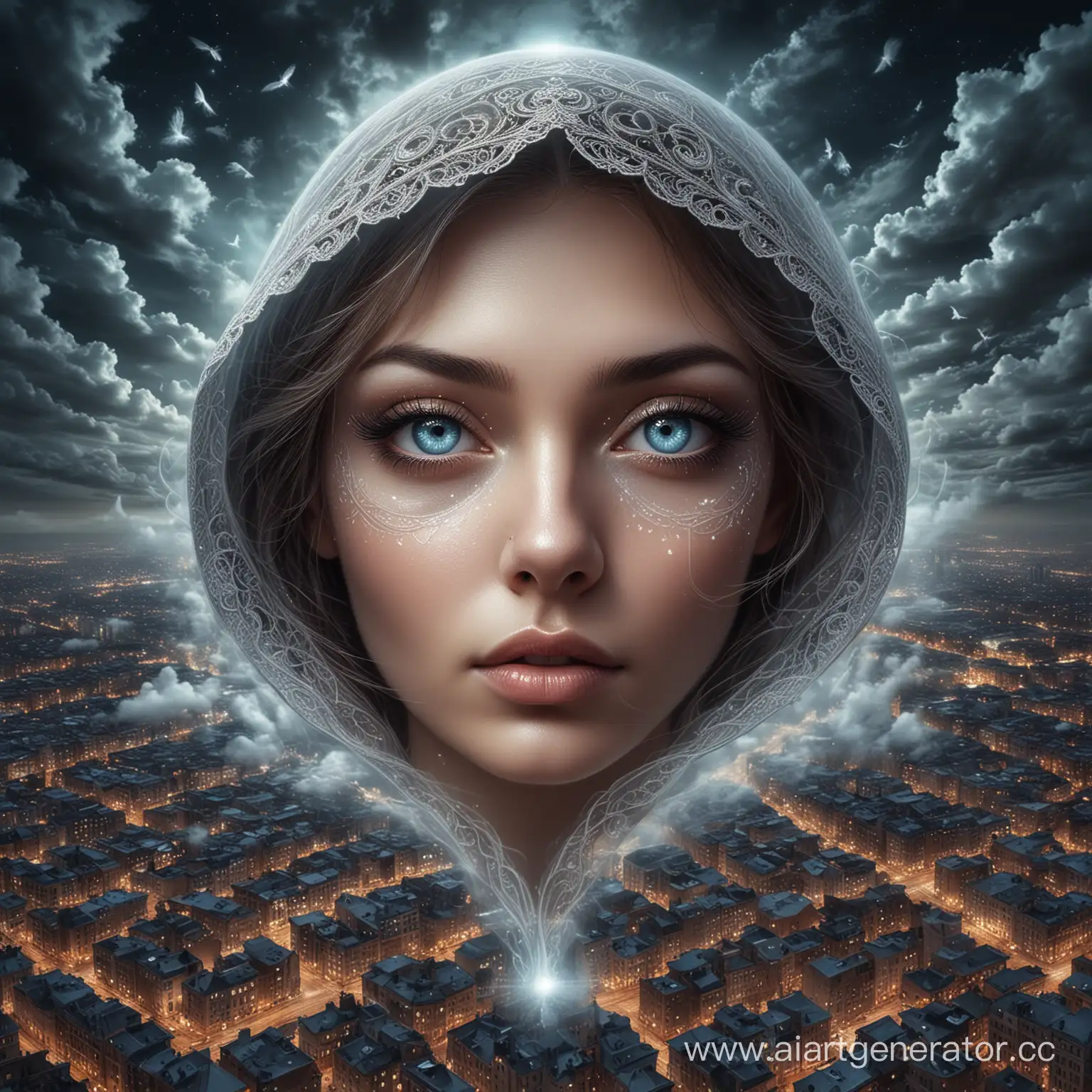 the illusion of beautiful,transparent female eyes in the clouds, above the night city, fantasy,mysticism,epic,surrealism,beautiful, filigree drawing of details,lots of details,HDR
