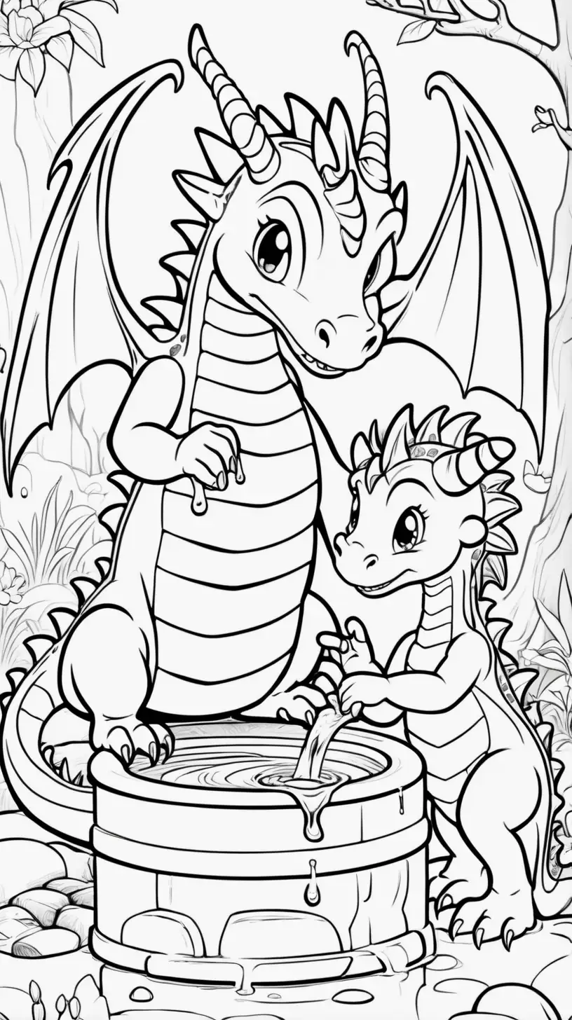 cute dragon baby with his mother washing his hands at a spring for coloring