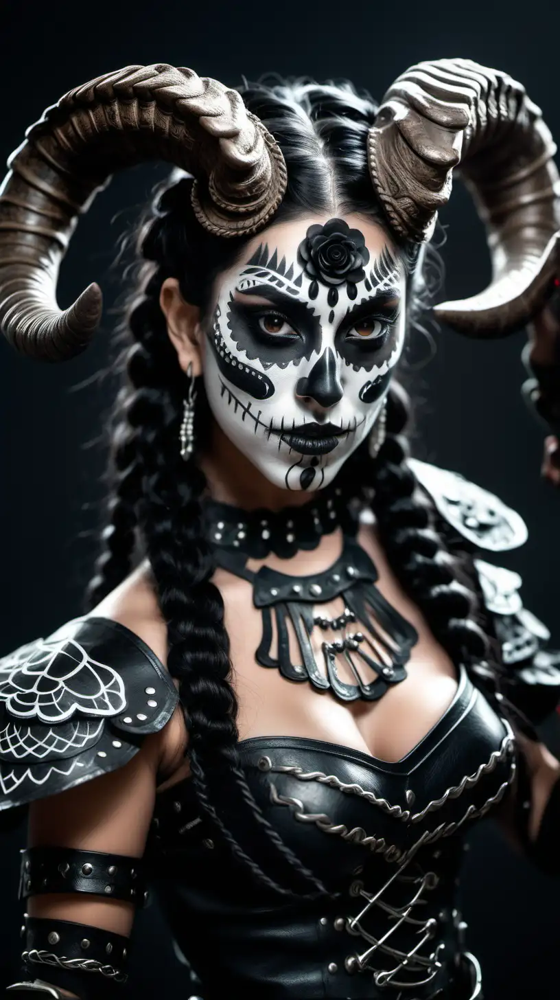 Seductive horned Mexican woman, large eyes. Wide mouth. Thin lips. Sharp nose. Curled Ram horns. Black hair in braids. Day of the dead make up. Leather armor, black. 