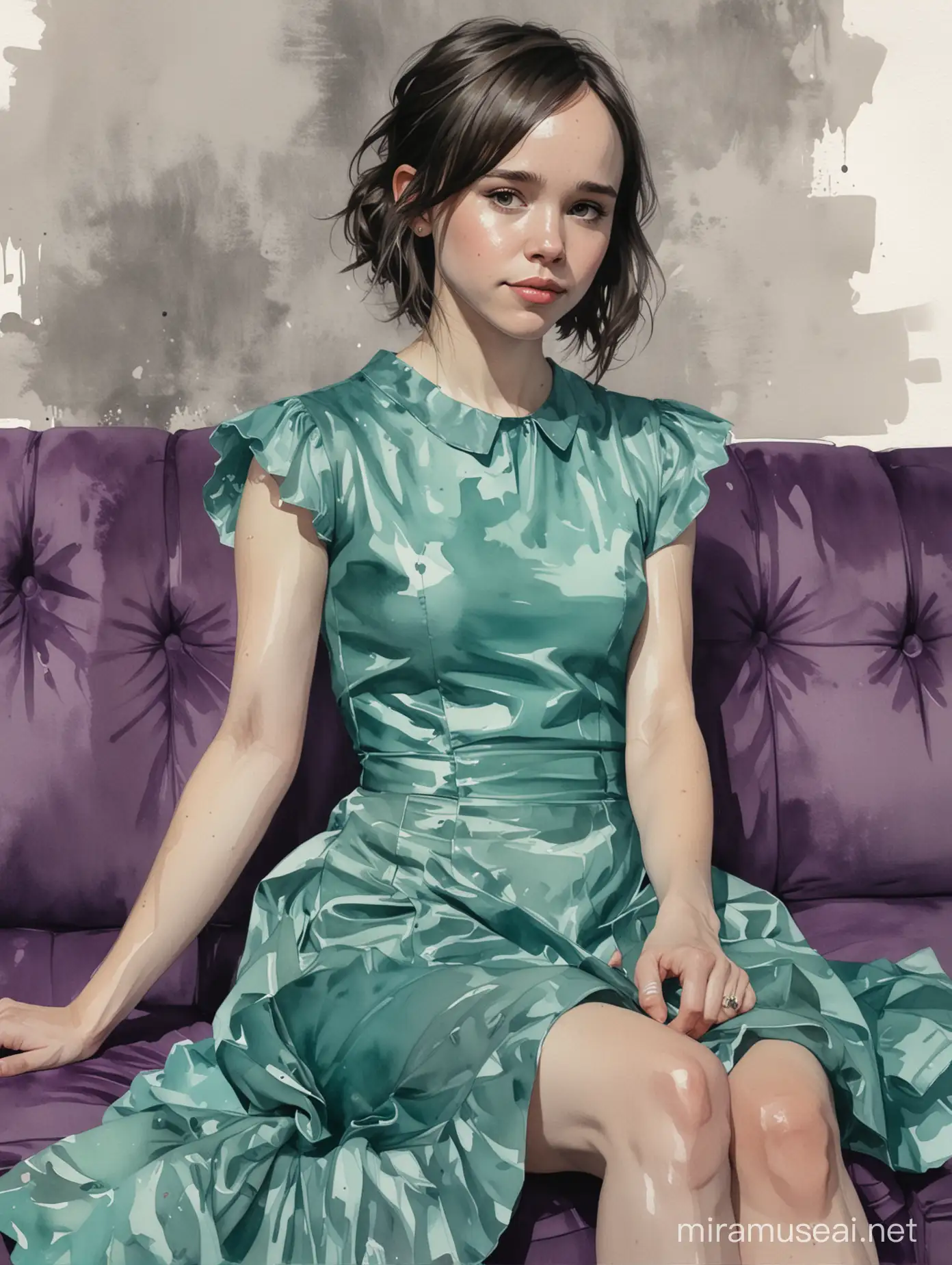 Alex Maleev's illustration depicting alluring smirking young Ellen Page wearing a teal party dress sitting on a couch with small purple baby dragon, watercolor,  no distortion, no makeup, gray palette, insanely high  detail, very high quality, seen from behind, low angle view