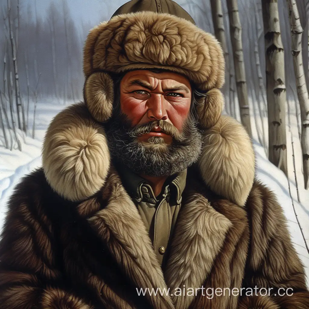 A harsh, brutal, bearded Russian man from Siberia. He wears a hat with earflaps and a bearskin coat made from the skin of a bear that he personally killed and ate. Communist. Russian. Fur coat