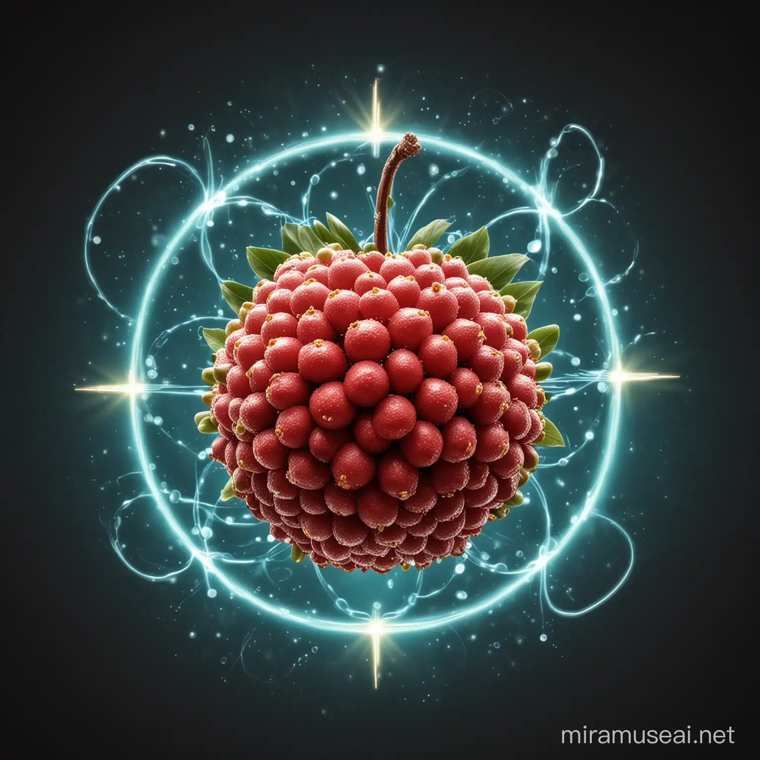 a logo with a litchi fruit with electrons gravitating around it