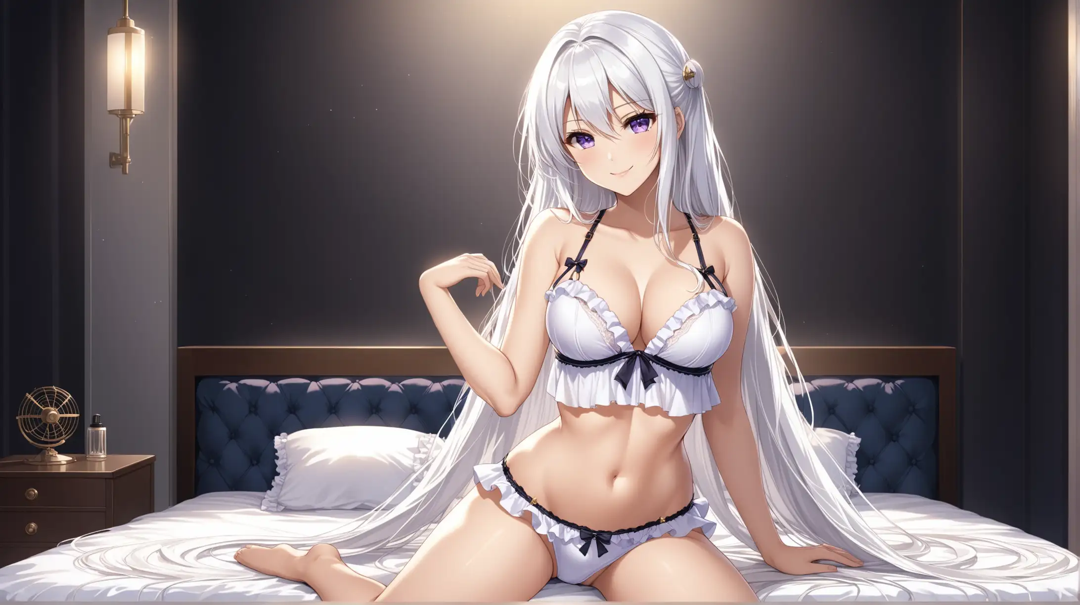 Draw the character Enterprise from Azur Lane, pale violet eyes, white hair, high quality, dim lighting, long shot, indoors, seductive pose, frilly lingerie, smiling at the viewer