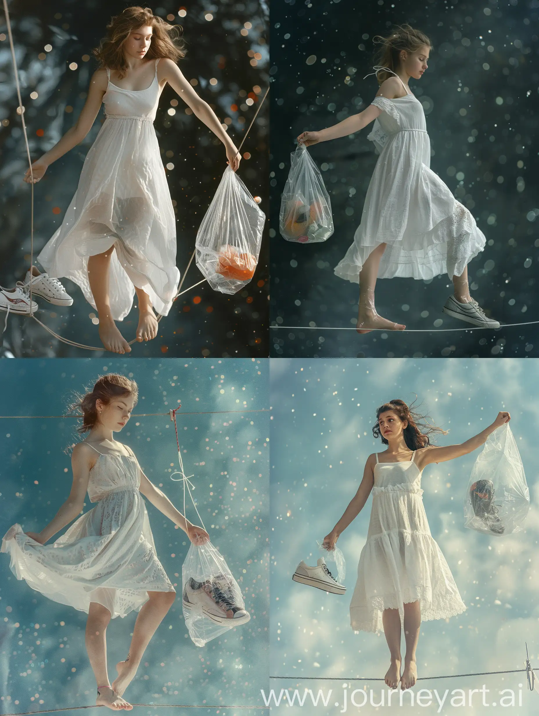 Девушка в простом белом платье,  открытые плечи, балансирует босиком  на проволоке, в одном руке цалафановый пакет с кедами, 8k, плёночная фотография, ультодетализация, рассеяние света, резкий фокус, высокая детализация