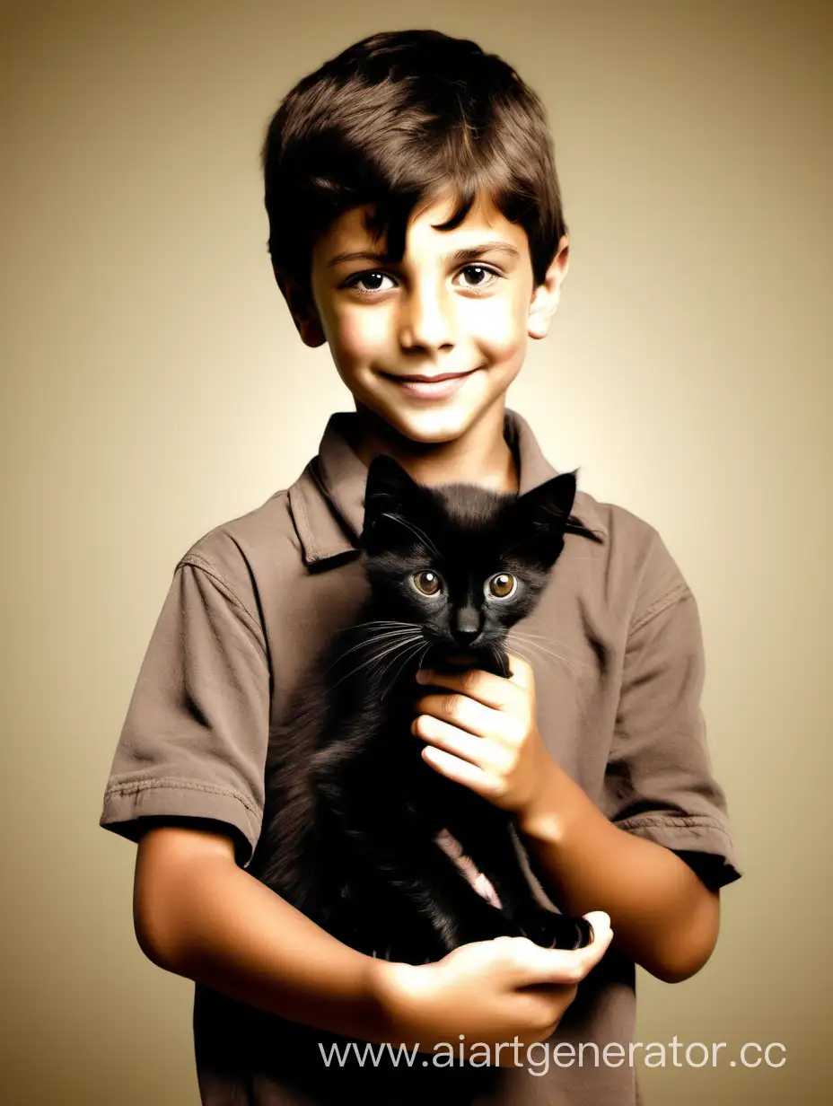 мальчик 10 лет держит в руках черного котенка, у мальчика темно-русые волосы и карие глаза, тонкие черты лица, светлая кожа, вид в полный рост