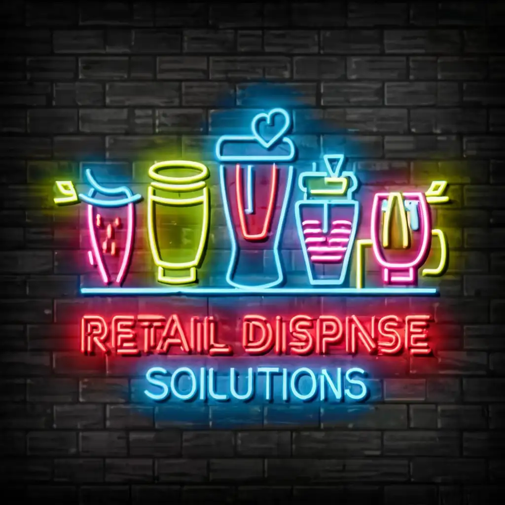 a logo design,with the text "Retail Dispense Solutions", main symbol:Neon sign, beer, soda, coffee,complex,be used in Restaurant industry,clear background