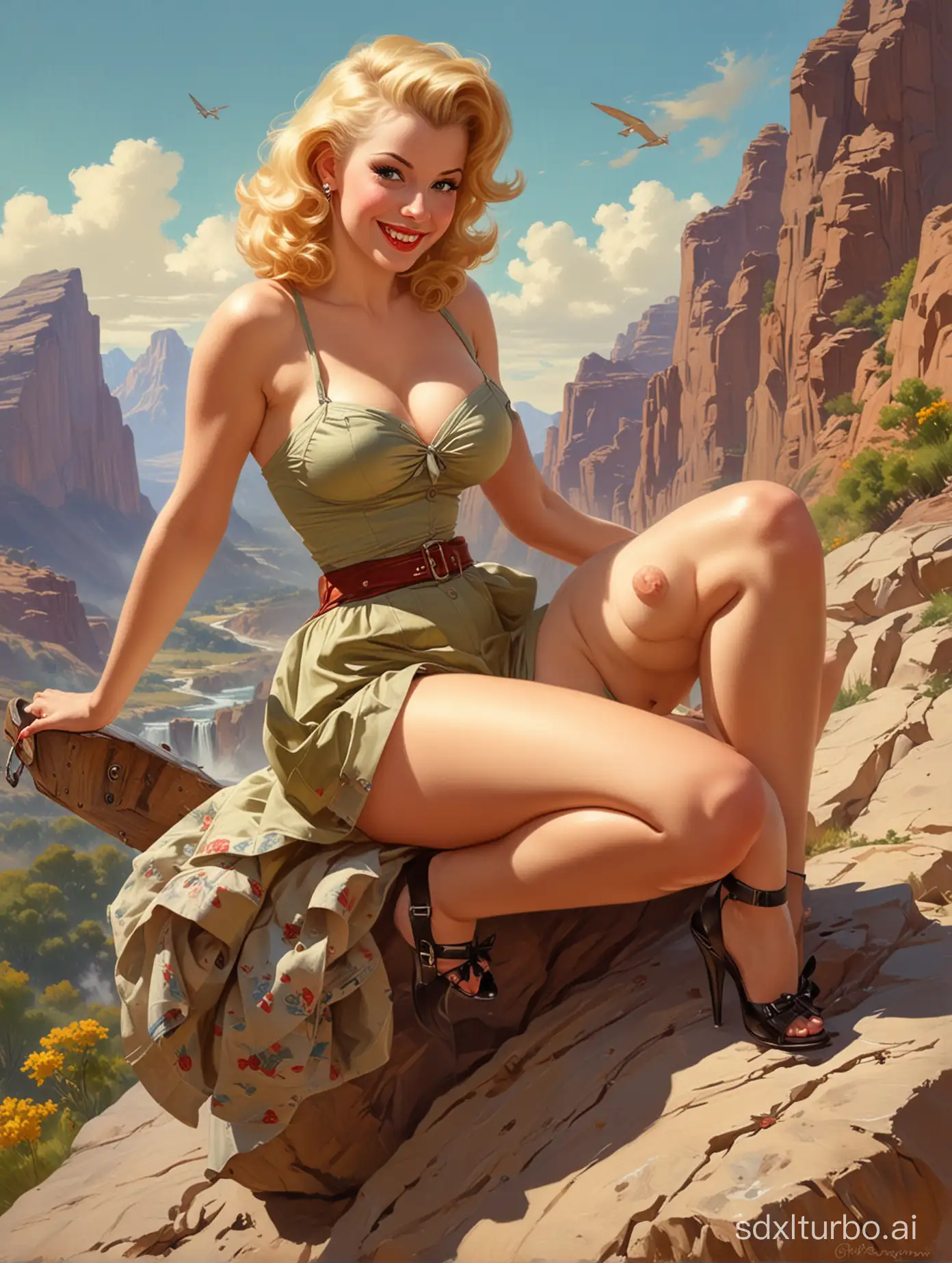 a photorealistic picture of a the most beautiful pinup sitting on a rock,well aroused and excited, welcoming grin, dreamy eyes, a portrait, by Gil Elvgren,long strait haircut, cg society contest winner, pop surrealism,  some vivid colours, ( blonde, cushart krenz key art feminine, saws, portrait of mischievous, simon, swings, pinup art, gil elvgren style, pinup girl, pinup,