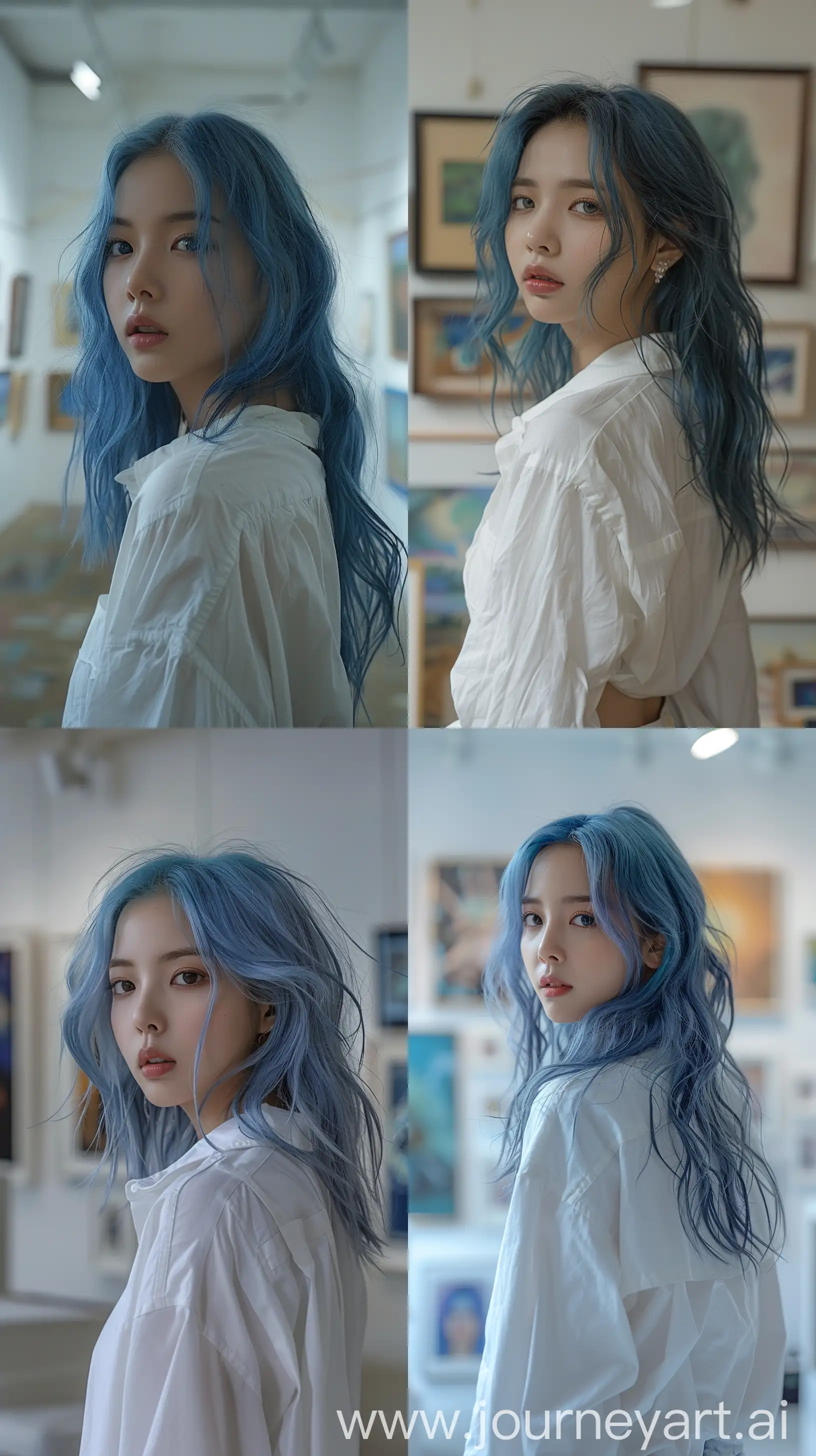 Blackpinks-Jennie-in-White-Shirt-with-Blue-Wolfcut-Hair-in-Art-Gallery