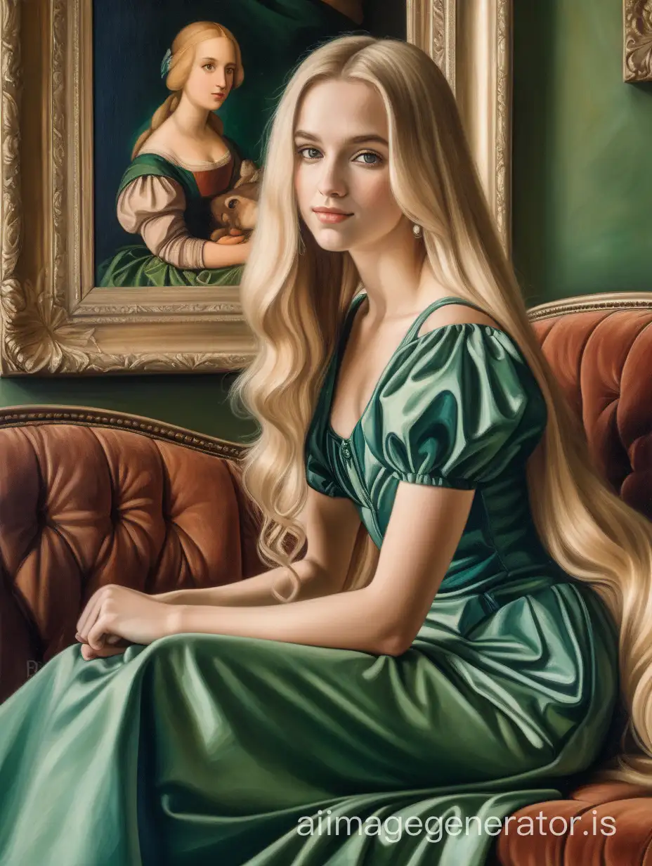 a modern beauty woman blonde long hair In a green dress sitting on a couch holding a picture of a family with a picture of them on it's side, classical painting, detail background, happy, figurativism, Avgust Černigoj, a painting