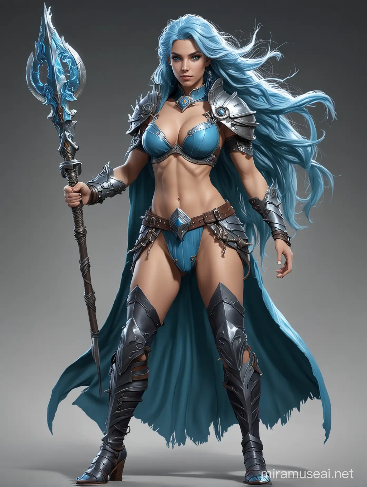 DND triton tempest cleric, sexy female, blue skin, lang hair, full body image
