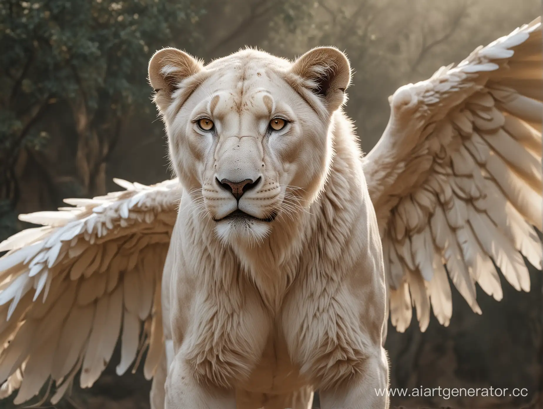 Белая львица со светло-серыми глазами и большими крыльями. По всему телу львицы растут перья. 8K, динамичная поза в полный рост.