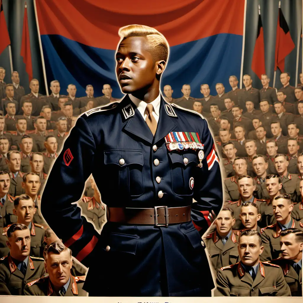a African American man with Blonde hair and blue eyes wearing a black military tunic uniform with a tan shirt and necktie and black boots and a sam browne belt and a red and black armband while making a speech surrounded by soldiers and flags and generals sitting behind him in a large indoor stadium in Berlin, Germany in 1943 in a propaganda poster 